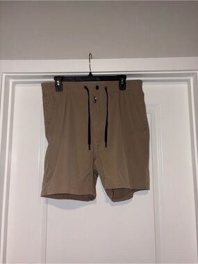 Men's Tan Swim Hybrid Shorts with Drawstring Waist